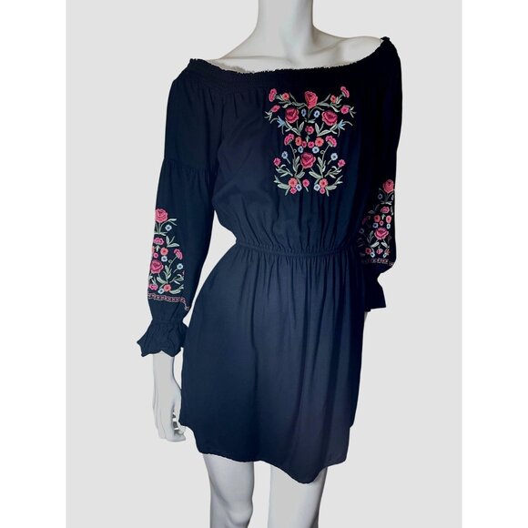 Hollister Medium Black Mini‎ Dress With Floral Embroidery & Elastic Waist Bell M - Picture 6 of 16